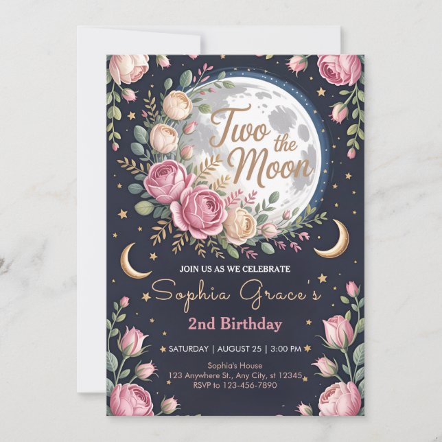Twinkle Moon och Rosor 2-års födelsedag Inbjudningar (Framsida)