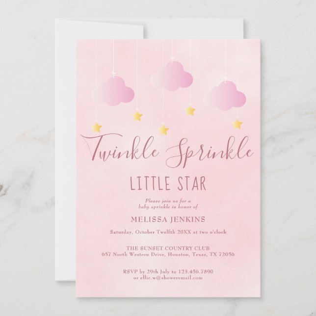 Twinkle Sprinkle All In One Baby Shower Flicka Ros Inbjudningar (Framsida)