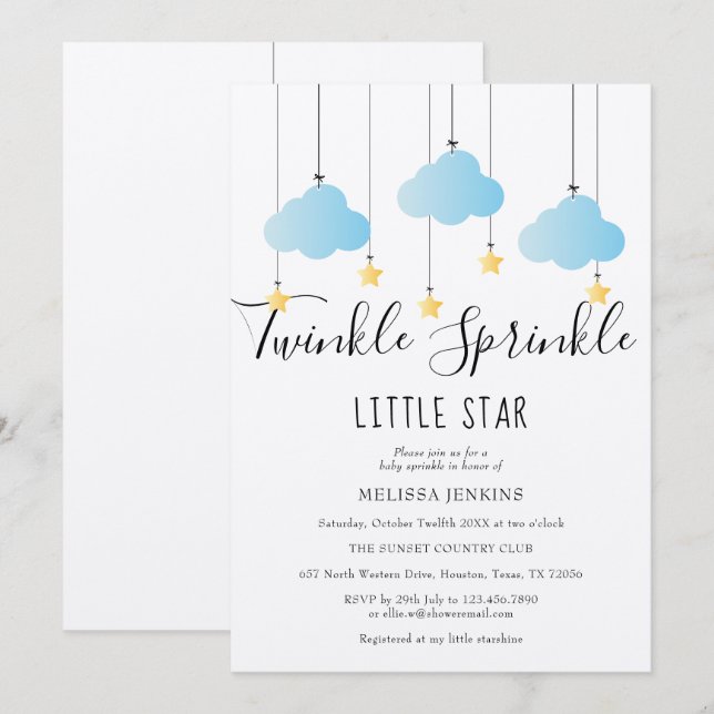 Twinkle Sprinkle Baby Shower Blå Rustik Boho Inbjudningar (Fram/baksida)
