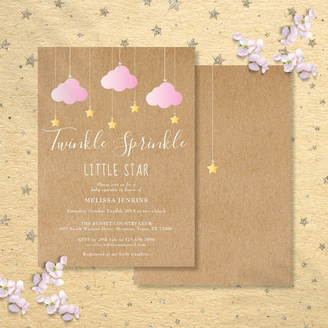 Twinkle Sprinkle Baby Shower Rosa Rustic Kraft Inbjudningar (Twinkle Sprinkle Baby Shower Pink Rustic Kraft Invitation)