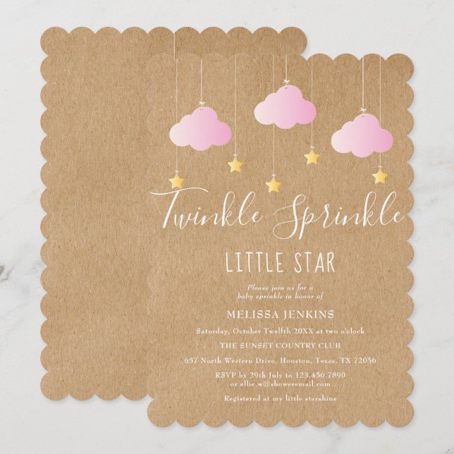 Twinkle Sprinkle Baby Shower Rosa Rustik Boho Inbjudningar (Fram/baksida)