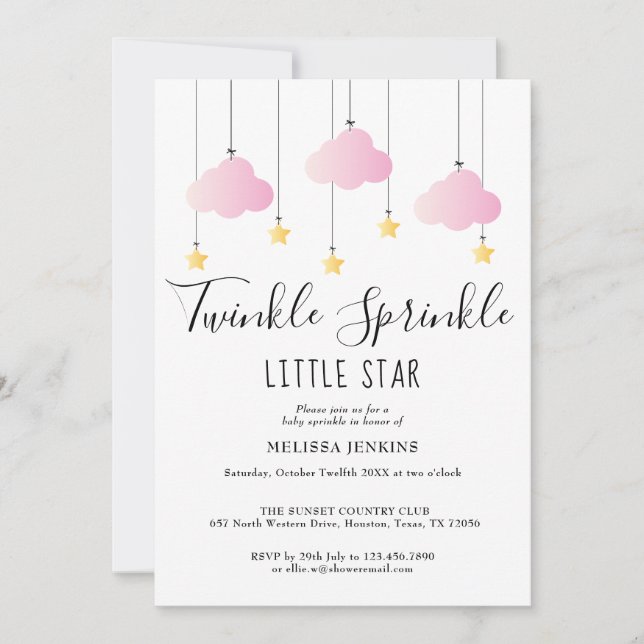 Twinkle Sprinkle Rosa Flicka Allt-i-ett Bebisdusch Inbjudningar (Framsida)