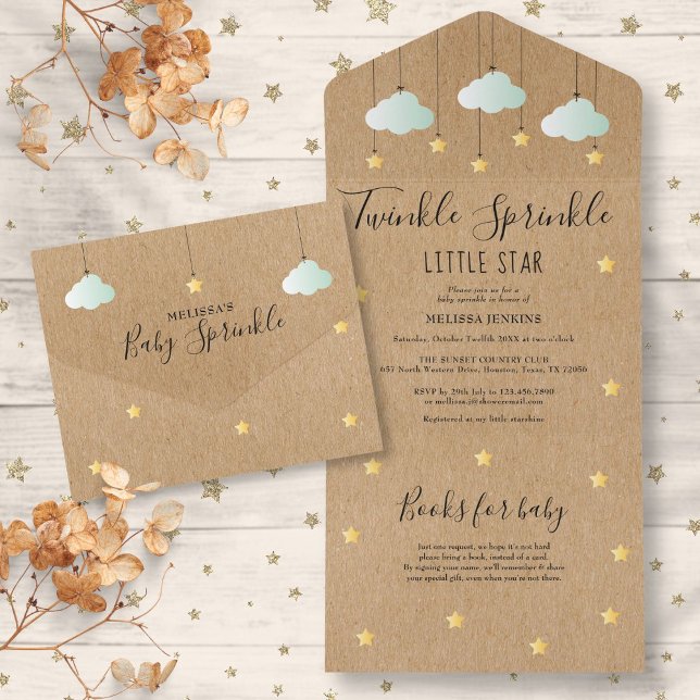 Twinkle Sprinkle Rustik Könsneutral Bebis-fest (Twinkle Sprinkle Rustic Gender Neutral Baby Shower All In One Invitation)