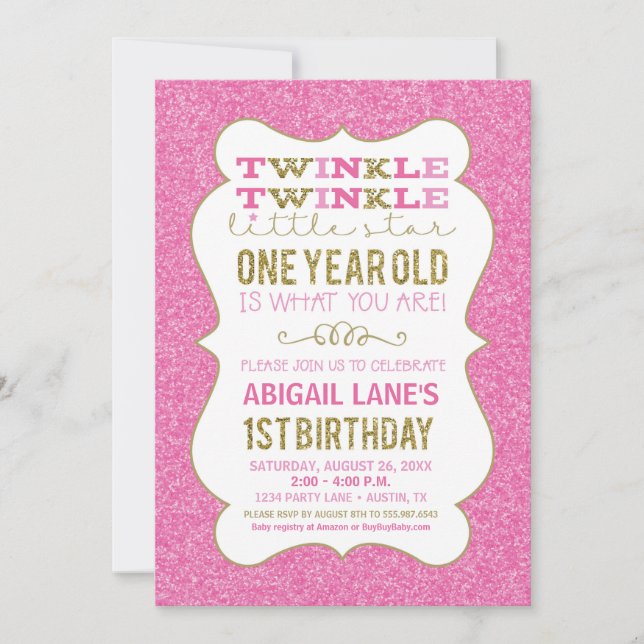 Twinkle Star First Birthday-inbjudan Rosa Guld Inbjudningar (Framsida)
