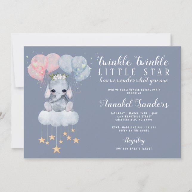 Twinkle Star Gender Reveal Baby Elephant Inbjudningar (Framsida)