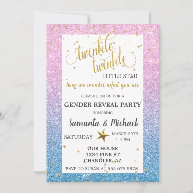 Twinkle Star Ombre Glitter Gender Reveal Party Inbjudningar (Framsida)