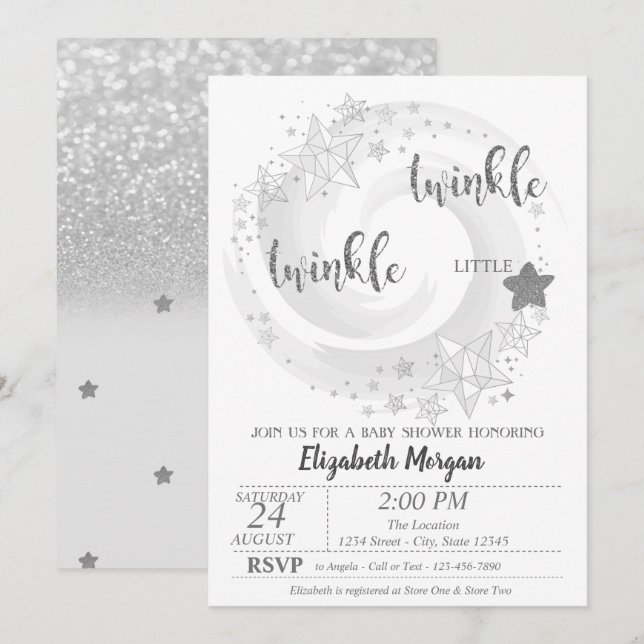 Twinkle Star Silver Glitter Baby Shower Inbjudan (Fram/baksida)
