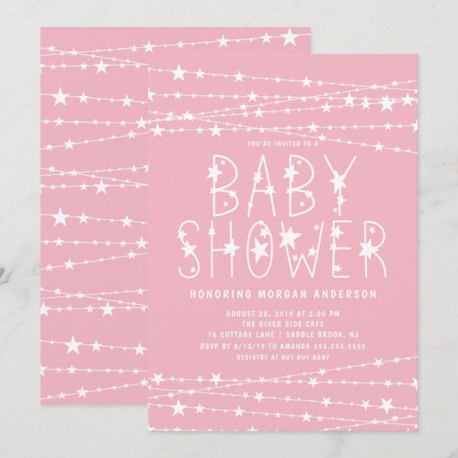 Twinkle Stars Girl Baby Shower Inbjudningar (Fram/baksida)