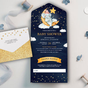 Twinkle Stjärnor Måne Elefant Marinblå Baby Shower