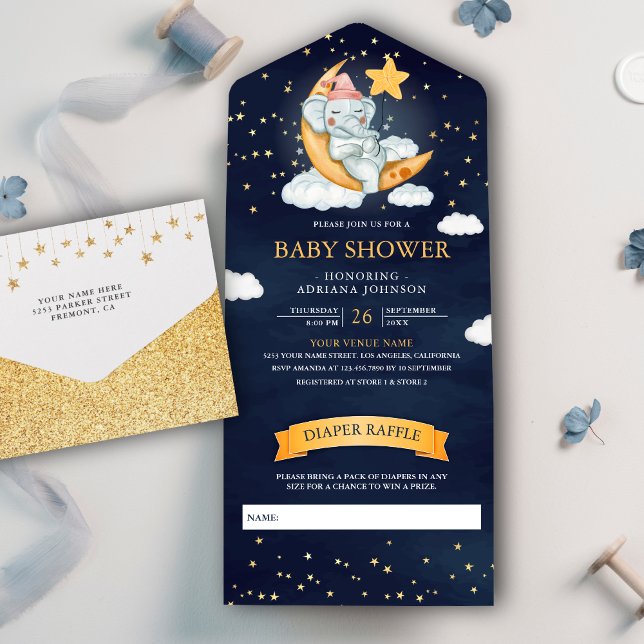 Twinkle Stjärnor Måne Elefant Marinblå Baby Shower (Skapare uppladdad)