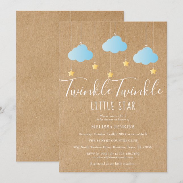 Twinkle Twinkle Baby Boy Shower / Sprinkle Rustic Inbjudningar (Fram/baksida)