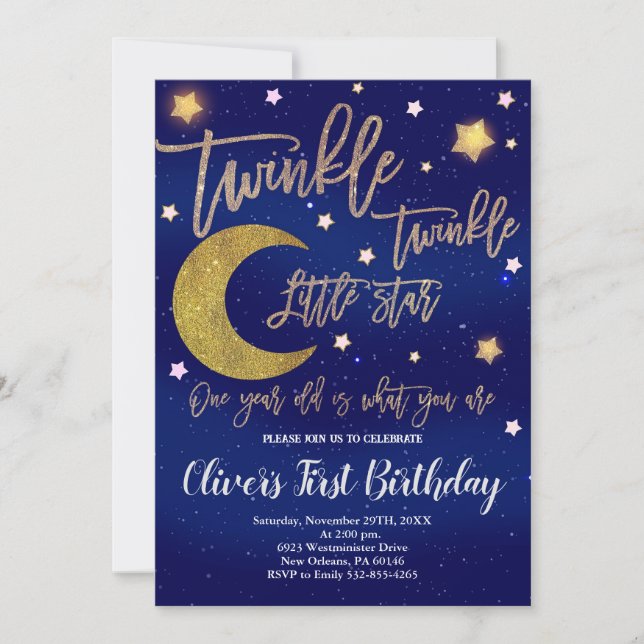 Twinkle Twinkle Birthday, Måne & Stars Birthday Inbjudningar (Framsida)