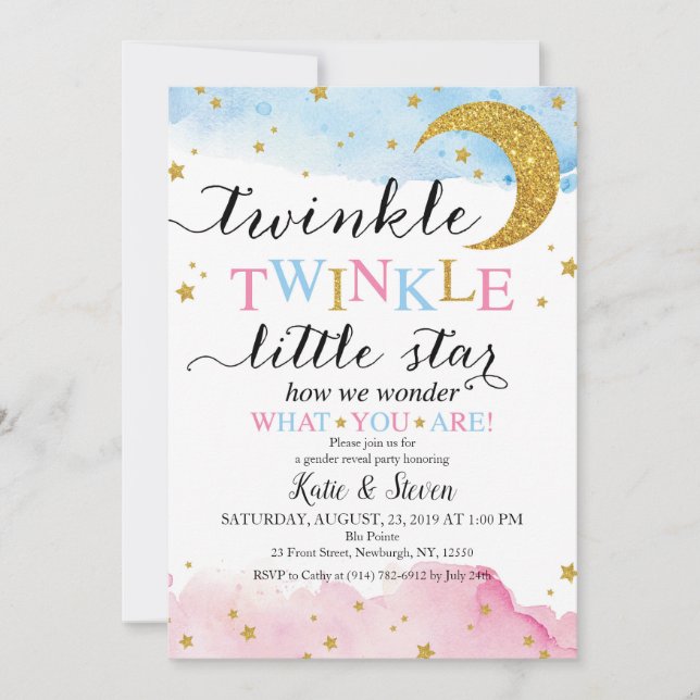 Twinkle Twinkle (blå och rosa) Könsbestämning Inbjudningar (Framsida)