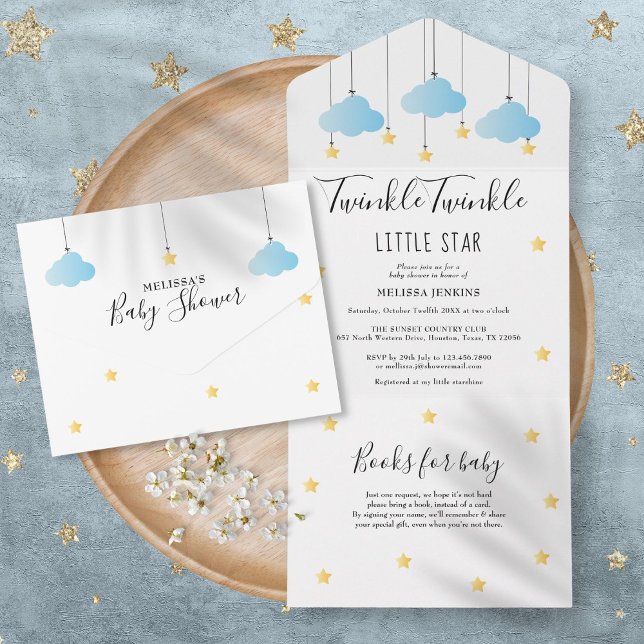 Twinkle Twinkle Blåa Moln Guld Stjärnor Baby Showe (Twinkle Twinkle Blue Clouds Gold Stars Baby Shower All In One Invitation)
