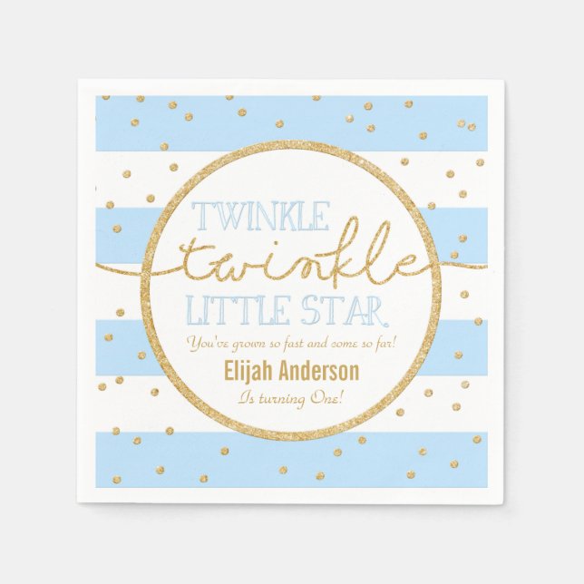 Twinkle Twinkle Blue och Guld Birthday Napkin Pappersservett (Framsidan)