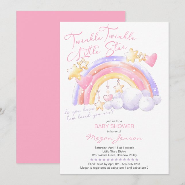 Twinkle Twinkle Cute Rainbow Rosa Girl Baby Shower Inbjudningar (Fram/baksida)