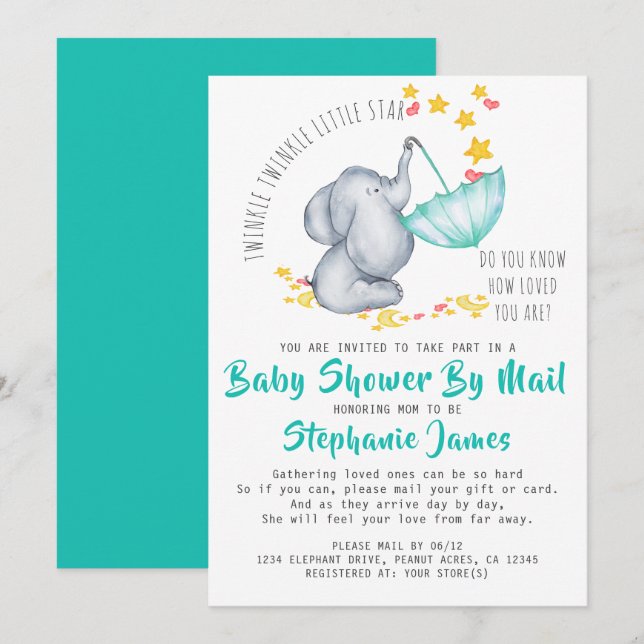 Twinkle Twinkle Elephant Baby Shower by Mail Inbjudningar (Fram/baksida)