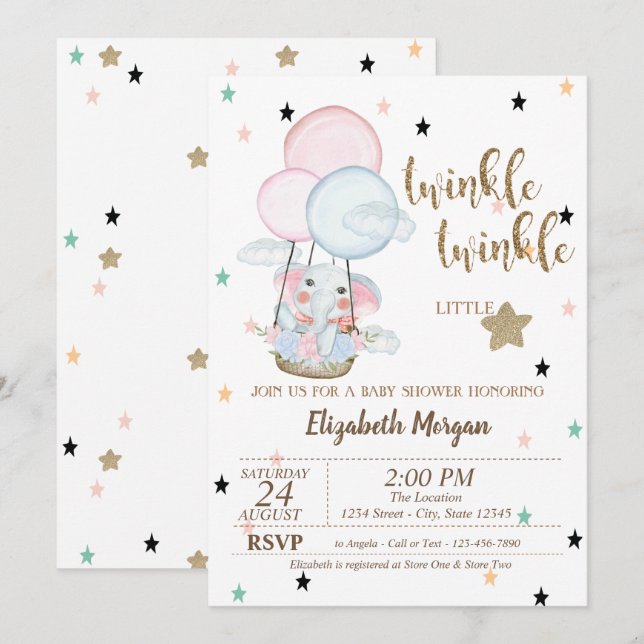 Twinkle Twinkle, Elephant Balloons Baby Shower Inbjudningar (Fram/baksida)