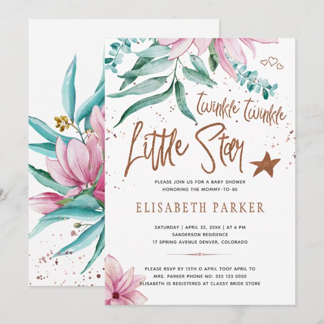 Twinkle twinkle lilla stjärna blomster baby shower inbjudningar (Fram/baksida)