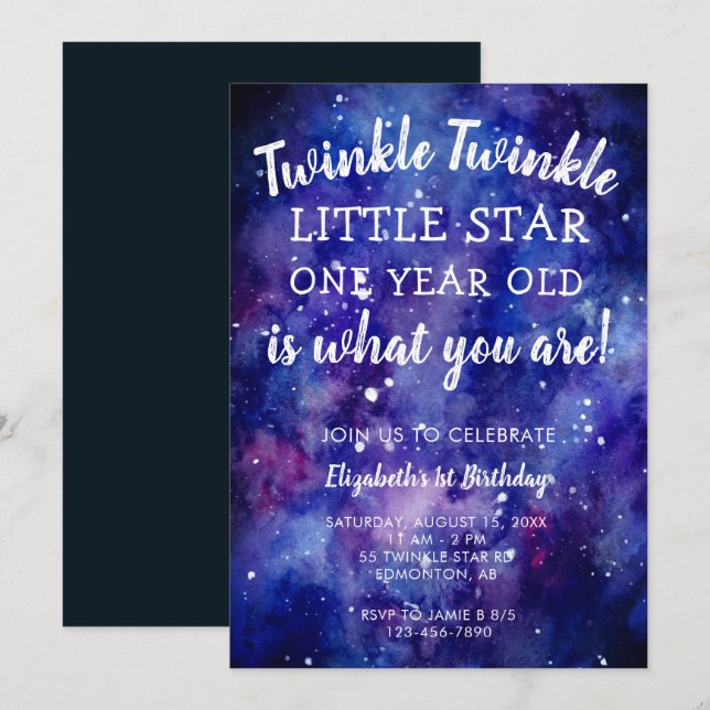 Twinkle Twinkle Little Star 1:a födelsedagsgalaxen Inbjudningar (Fram/baksida)