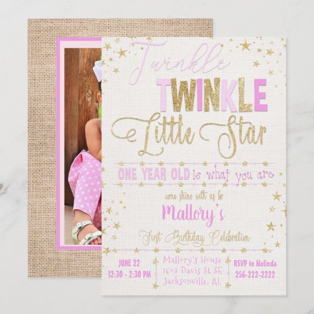 Twinkle Twinkle Little Star 1st B'day-inbjudan Inbjudningar (Fram/baksida)