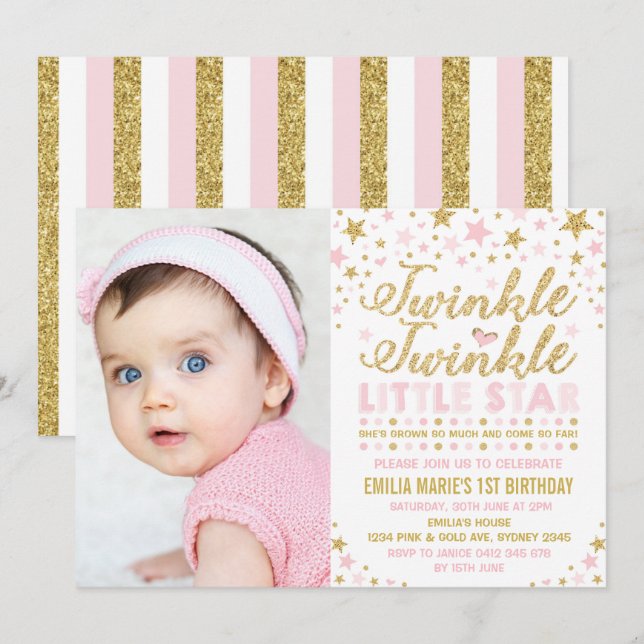 Twinkle Twinkle Little Star 1st Birthday Rosa Guld Inbjudningar (Fram/baksida)