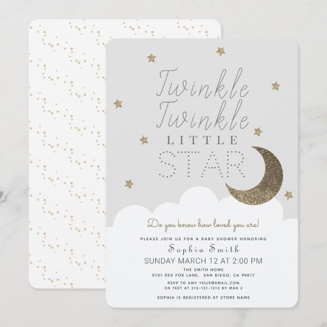 Twinkle Twinkle Little Star Baby Grått Baby Shower Inbjudningar (Fram/baksida)