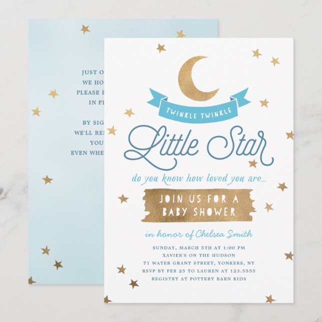 Twinkle Twinkle Little Star | Baby Shower | Blå Inbjudningar (Fram/baksida)