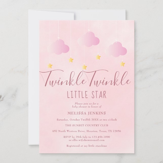 Twinkle Twinkle Little Star Baby Shower Flicka Ros Inbjudningar (Framsida)