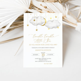 Twinkle Twinkle Little Star Baby Shower, Grått Gul Inbjudningar
