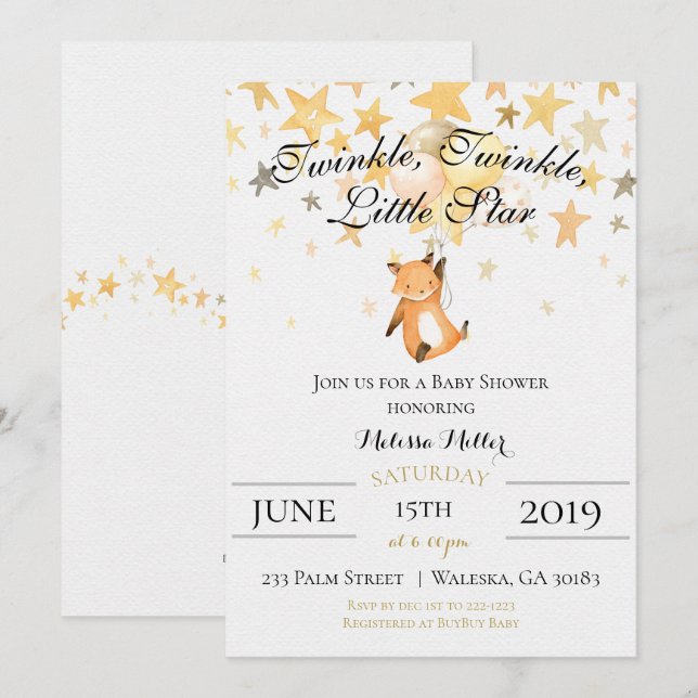 Twinkle Twinkle Little Star Baby Shower Inbjudan (Fram/baksida)