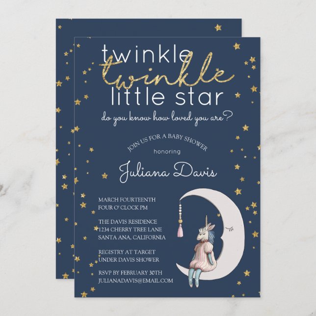 Twinkle Twinkle Little Star Baby Shower Inbjudningar (Fram/baksida)