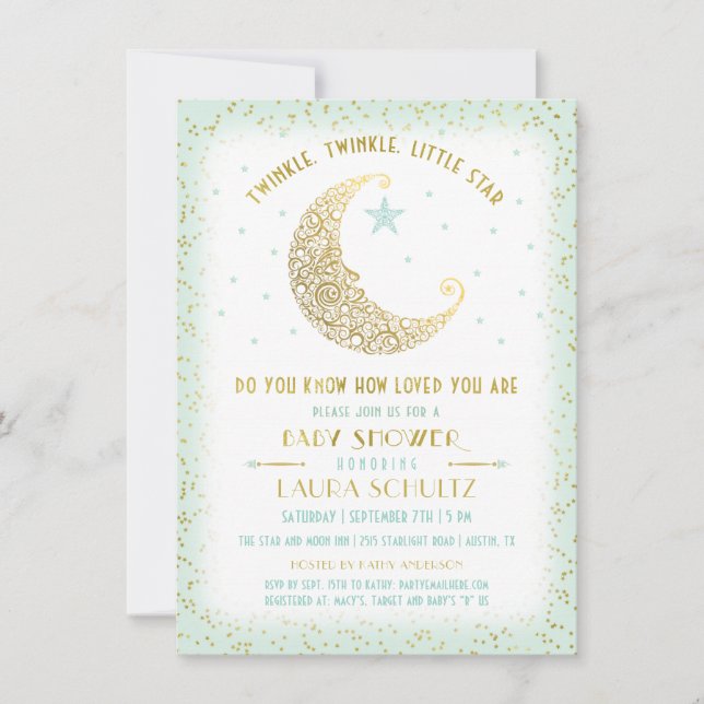 Twinkle Twinkle Little Star Baby Shower Mint Guld Inbjudningar (Framsida)