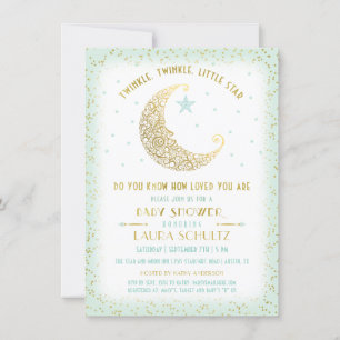 Twinkle Twinkle Little Star Baby Shower Mint Guld Inbjudningar