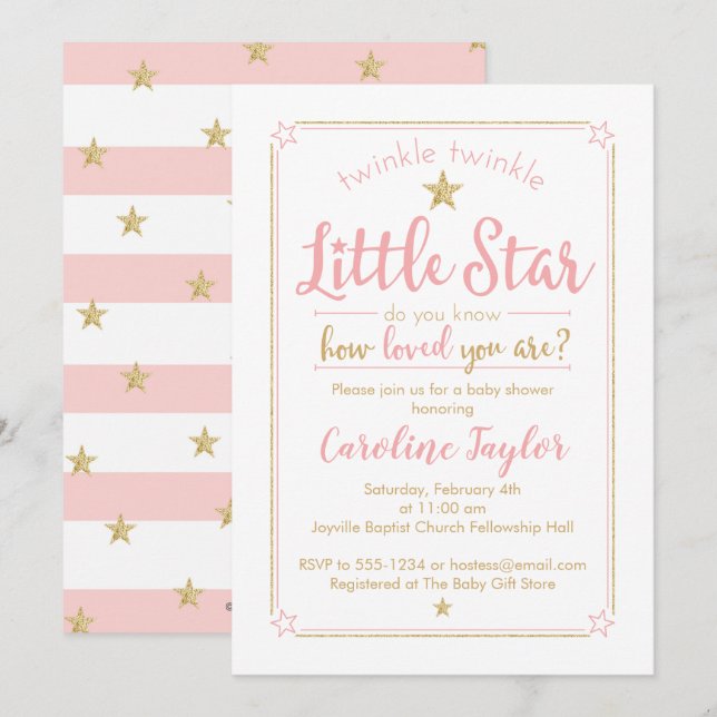 Twinkle Twinkle Little Star Baby Shower Rosa Guld Inbjudningar (Fram/baksida)