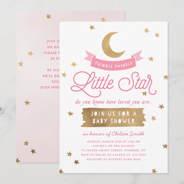 Twinkle Twinkle Little Star | Baby Shower | Rosa Inbjudningar (Fram/baksida)