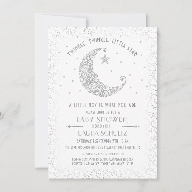 Twinkle Twinkle Little Star Baby Shower Silver Inbjudningar (Framsida)