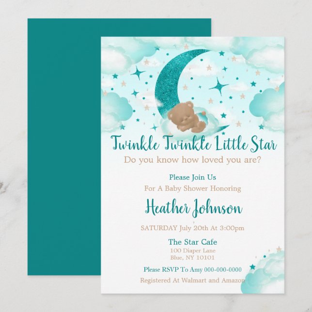 Twinkle Twinkle Little Star Björn Baby Shower Inbjudningar (Fram/baksida)