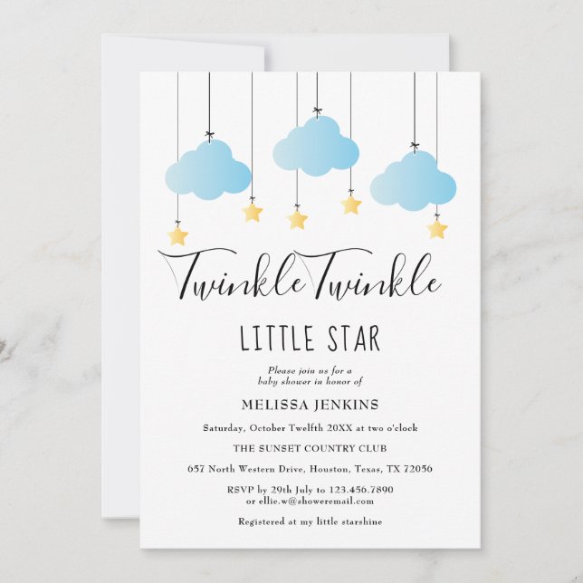 Twinkle Twinkle Little Star Blå Pojke Baby Shower Inbjudningar (Framsida)