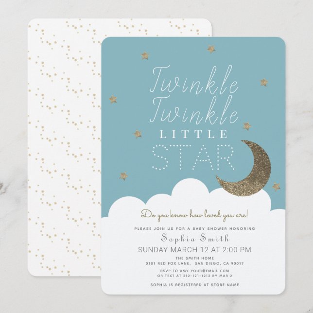 Twinkle Twinkle Little Star Blue Boy Shower Inbjudningar (Fram/baksida)