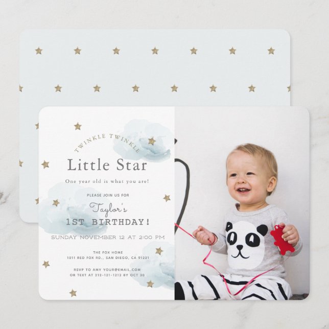 Twinkle Twinkle Little Star Blue Photo Birthday Inbjudningar (Fram/baksida)