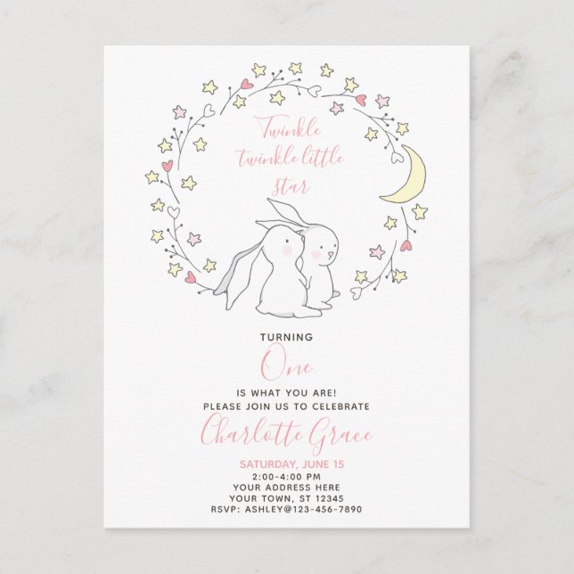Twinkle Twinkle Little Star Bunny 1:a födelsedag Inbjudan Vykort (Framsida)
