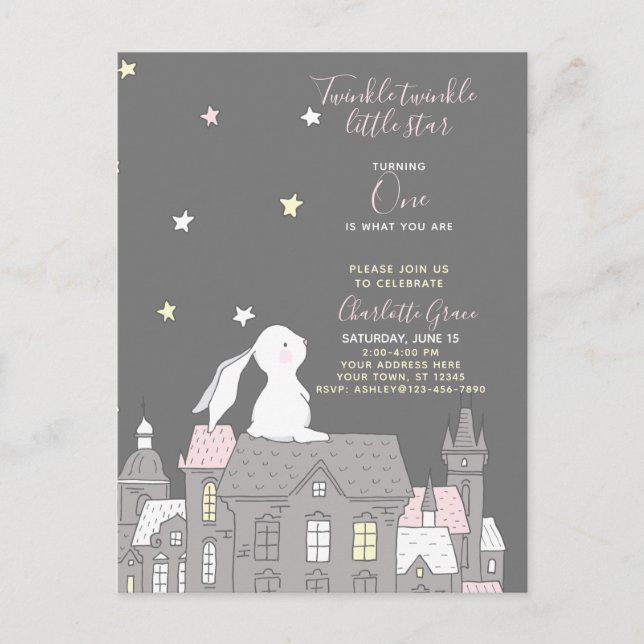 Twinkle Twinkle Little Star Bunny 1:a födelsedag Inbjudan Vykort (Framsida)
