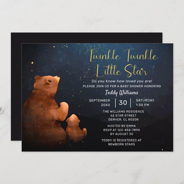 Twinkle Twinkle Little Star Cute Bear Baby Shower Inbjudningar (Fram/baksida)