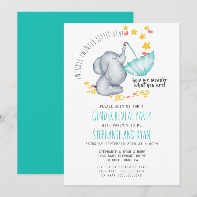 Twinkle Twinkle Little Star Elephant Gender Reveal Inbjudningar (Fram/baksida)