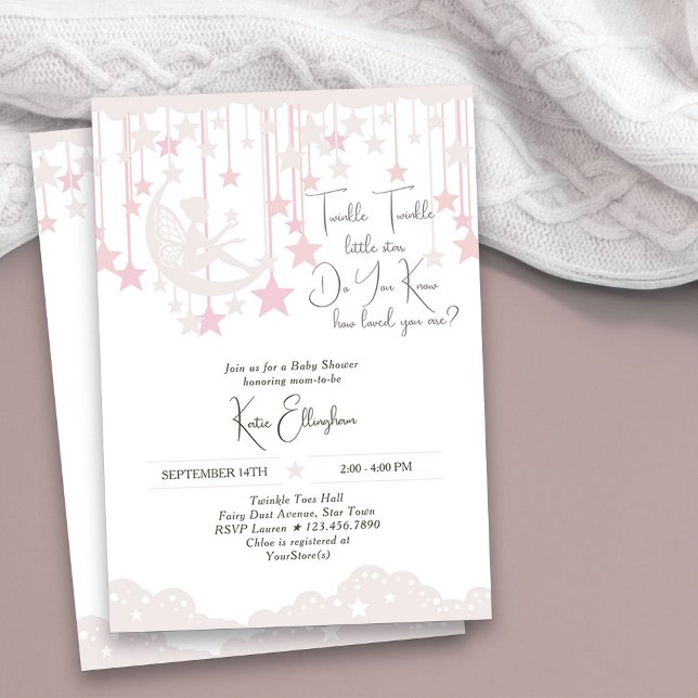 Twinkle Twinkle Little Star Fairy Rosa Baby Shower Inbjudningar (Twinkle Twinkle Little Star Girl Baby Shower Invitation)