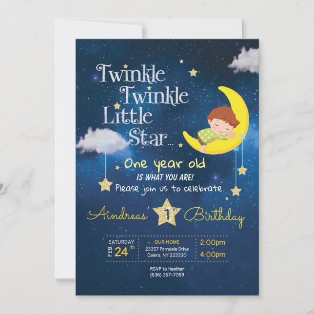 Twinkle Twinkle Little star First-födelsedagsinbju Inbjudningar (Framsida)