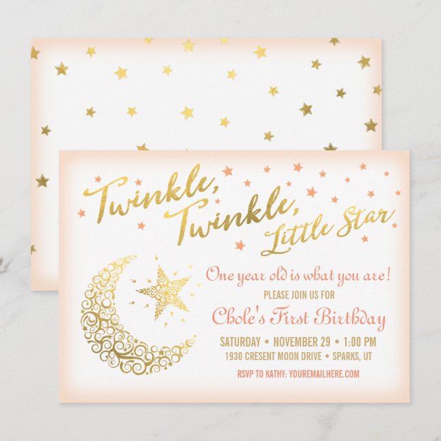 Twinkle, Twinkle, Little Star Födelsedagsfest kora Inbjudningar (Fram/baksida)