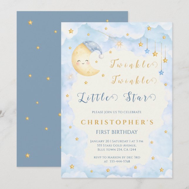 Twinkle Twinkle Little Star Första Födelsedag Blå Inbjudningar (Fram/baksida)