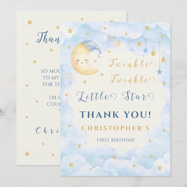 Twinkle Twinkle Little Star Första Födelsedag Blå Tack Kort (Fram/baksida)